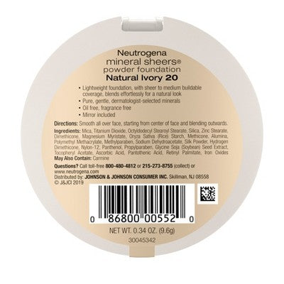 Neutrogena Mineral Sheers Compact Powder Foundation 20 Natural Ivory 0.34oz - New