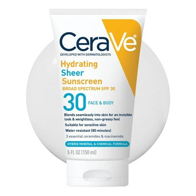 CeraVe Hydrating Sheer Sunscreen Lotion Face and Body SPF30 5oz - Imperfect Container