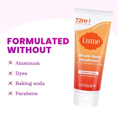 Lume Whole Body Women's Invisible Cream Tube Deodorant Clean Tangerine Scent 2.2oz - New