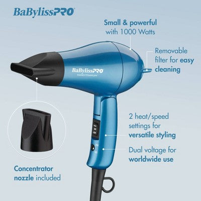 BaBylissPRO Nano Titanium Travel Hair Dryer - Blue - 1000W