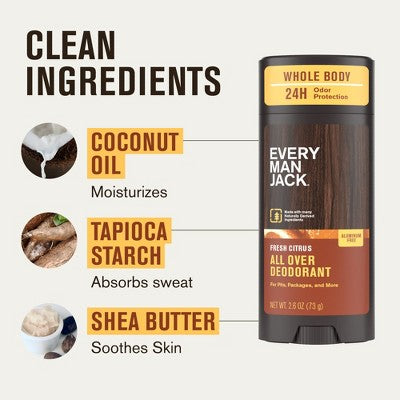 Every Man Jack All Over Solid Deodorant Fresh Citrus 2.6oz - New